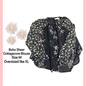 🌸🖤💫ASTR The Label Cinthia Sheer Floral Tie Neck Blouse Oversized M Fits XL 💫🖤🌸